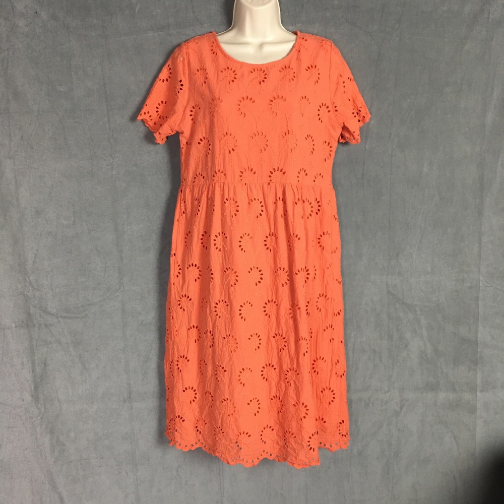 Böhme Coral Orange Midi Dress L Eyelet Floral Short‎ Sleeve Cotton Summer Office